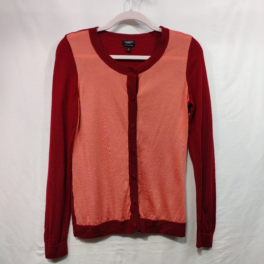 Talbots Merino Wool Cardigan Women's M Red Orange Two Tone Light Weight Comfy